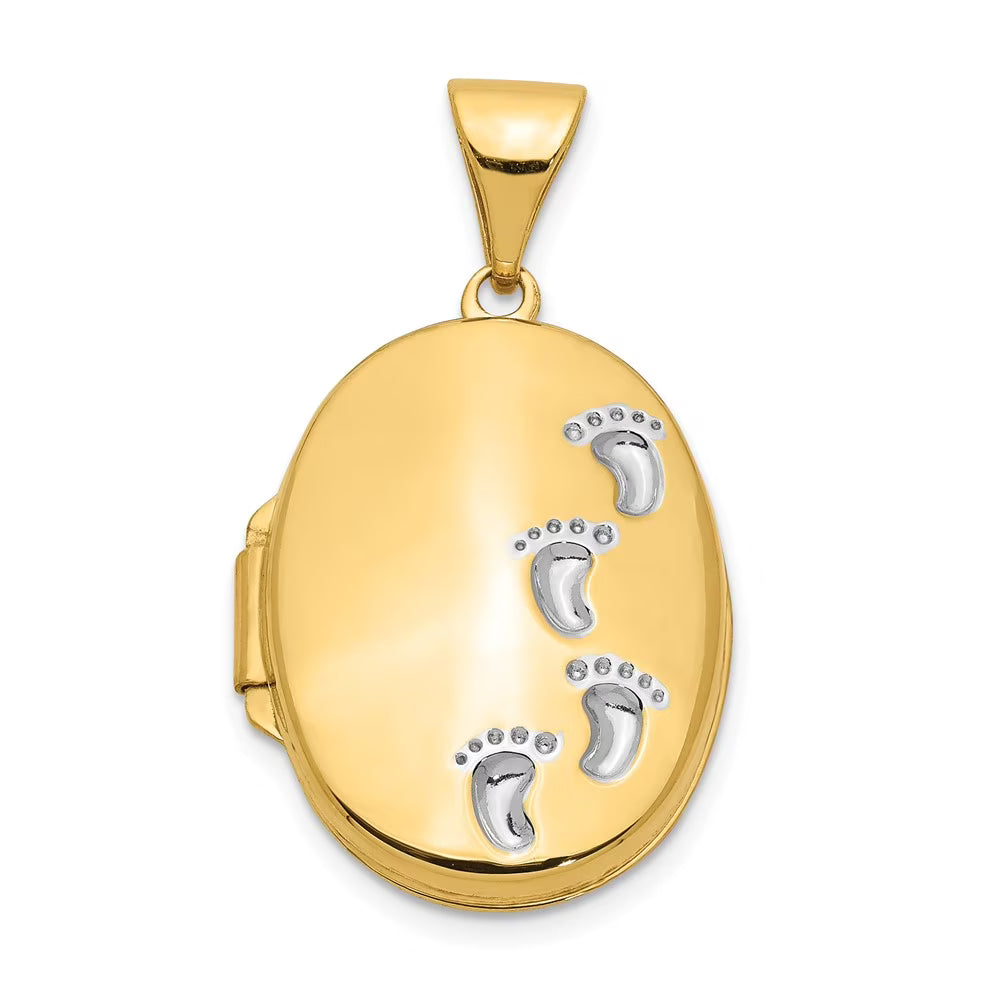 14K Yellow Gold White Rhodium Plated Footprints Locket S350