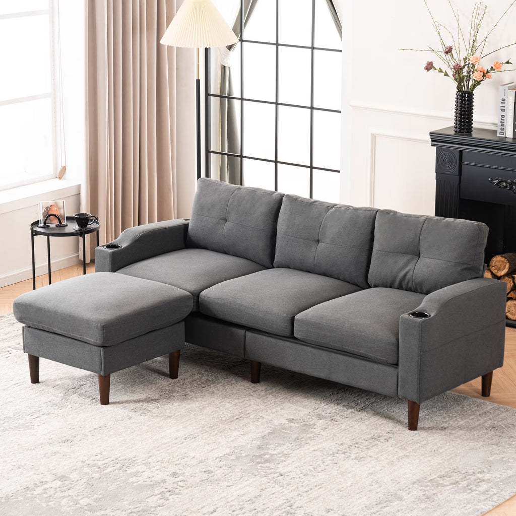 Convertible L-Shaped Combo Sofa with USB Port, Cup Holder, Storage Ottoman, Dark Gray X706813