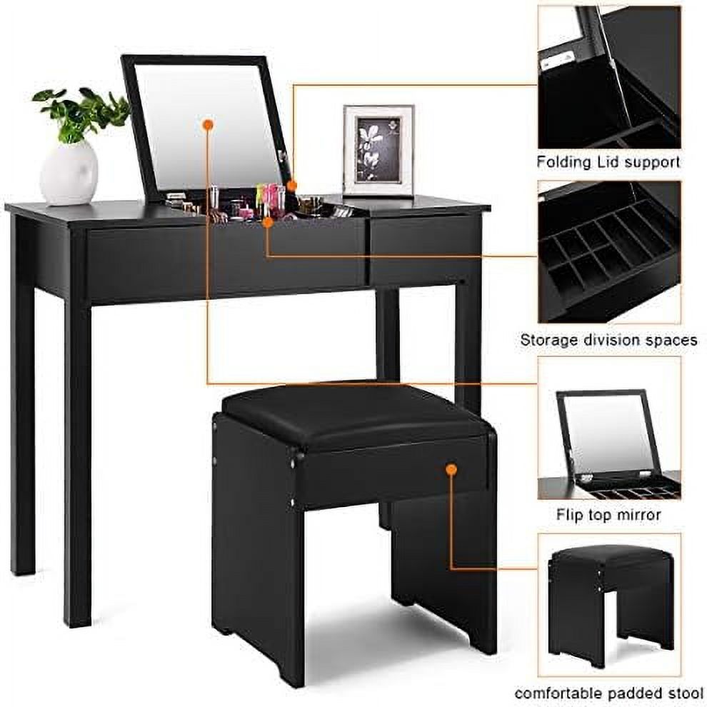 Black Vanity Set with Flip Top Mirror and Cushioned Stool Z708