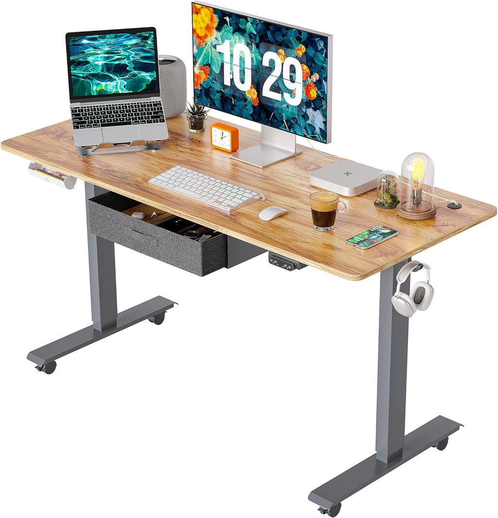Adjustable Height Electric Standing Desk with Drawer, 55 x 24 Inches Black Steel Frame/Rustic Brown Tabletop X933012