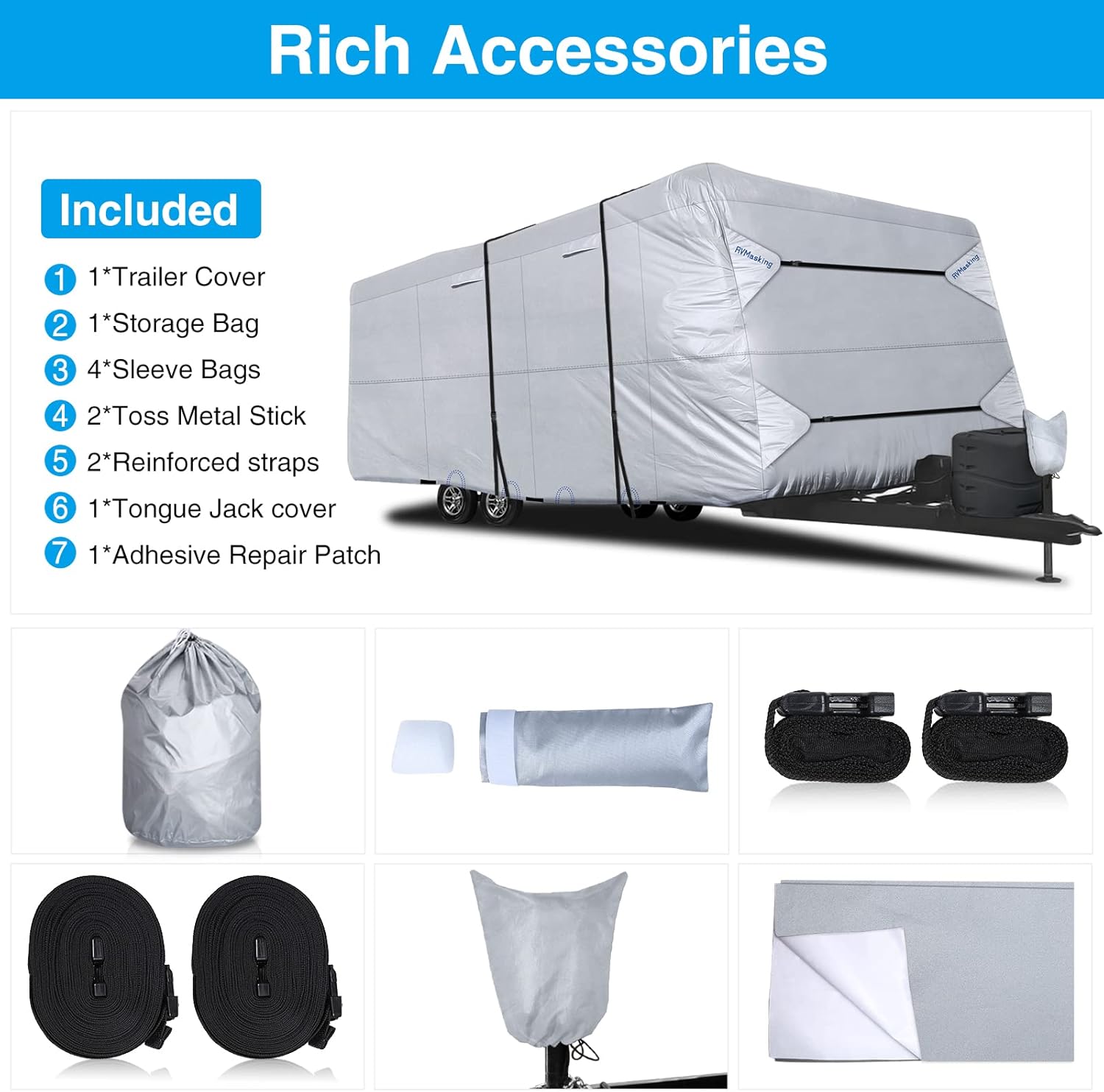 Rip-Stop RV Cover Fits 22'1" - 24' Long Motorhome, Waterproof Camper Cover with Gutter Covers, Adhensive Repair Patch Y454855