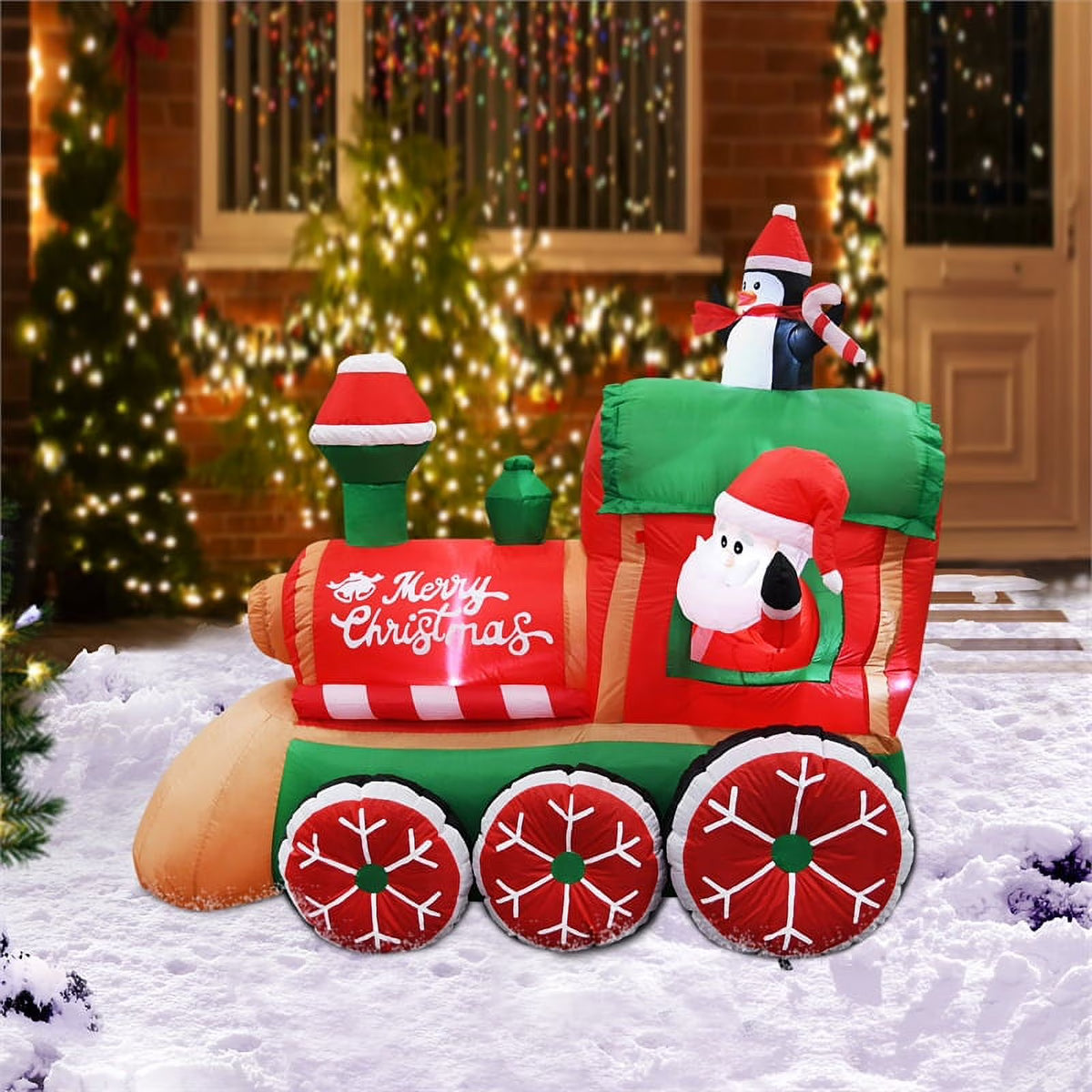 6.5FT Multi-Colored Christmas Penguins In The Train Inflatable I917971