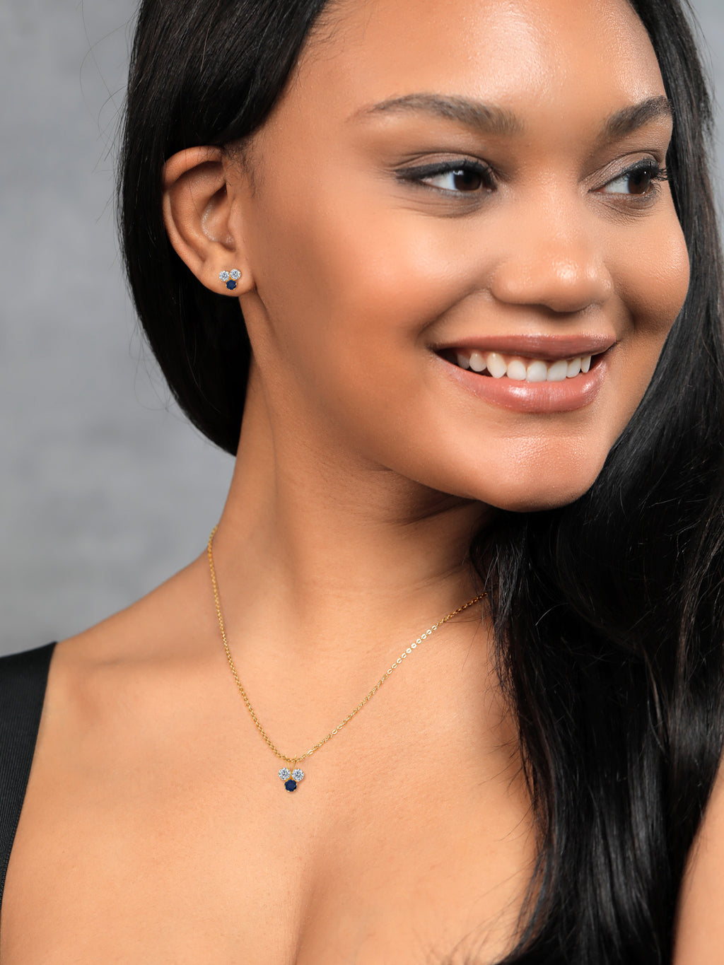 14K Yellow Gold White Diamond and Blue Sapphire 3 Stone Pendant and Earrings Jewelry Set P49906