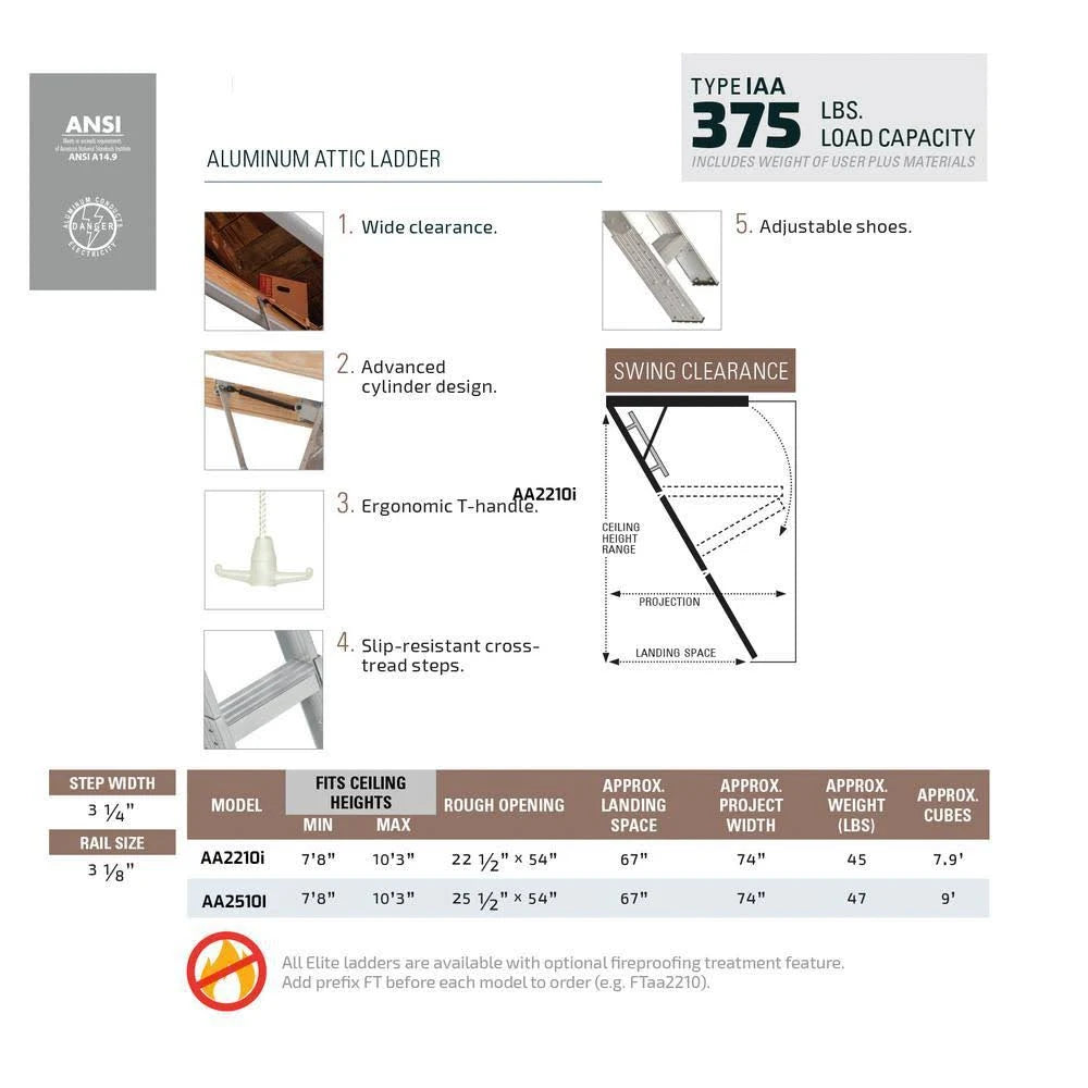 Aluminum Attic Ladder, 7 ft. 8 in. to 10 ft. 3 in., 25.5 in. x 54 in., 375 lbs. Maximum Load Capacity L3814