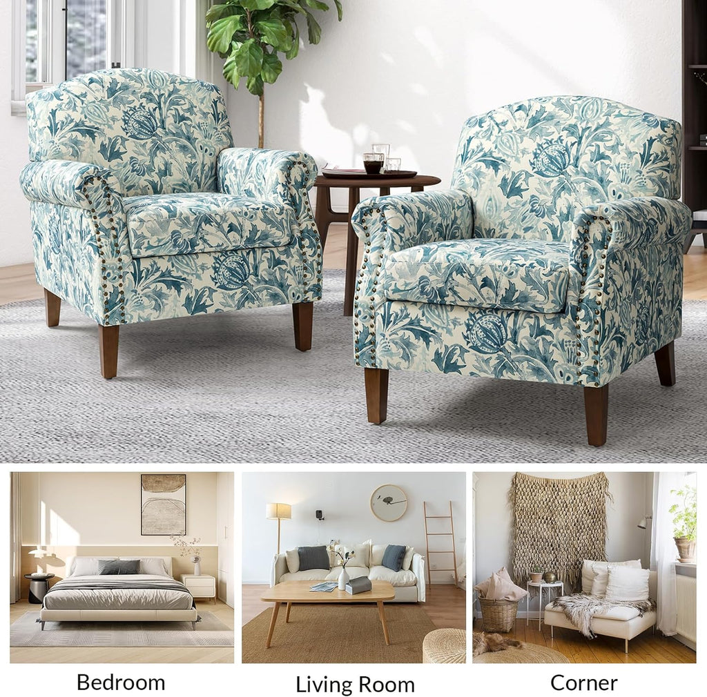Accent Chair With Wood Legs & Removable Cushion, Floral Design Single Sofa I342