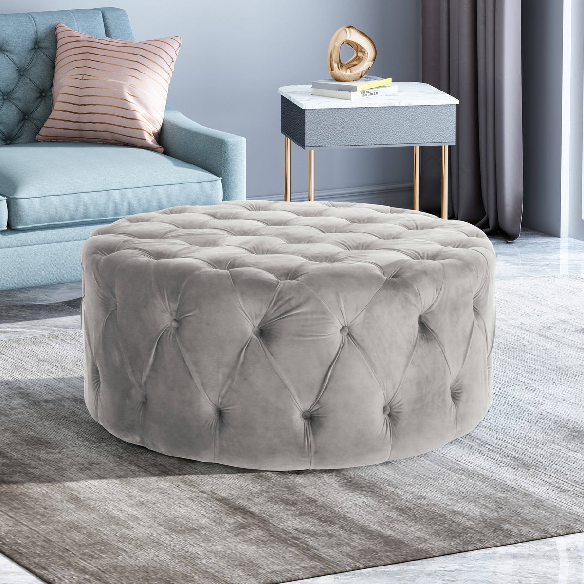 Gray Round Tufted Velvet Ottoman U721957