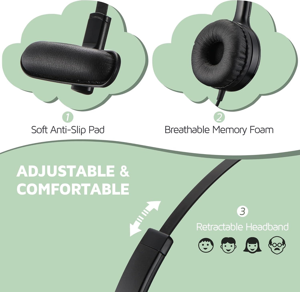 USB Headset with Microphone, Noise Cancelling Mic, On-Ear, Pack of 2 N163