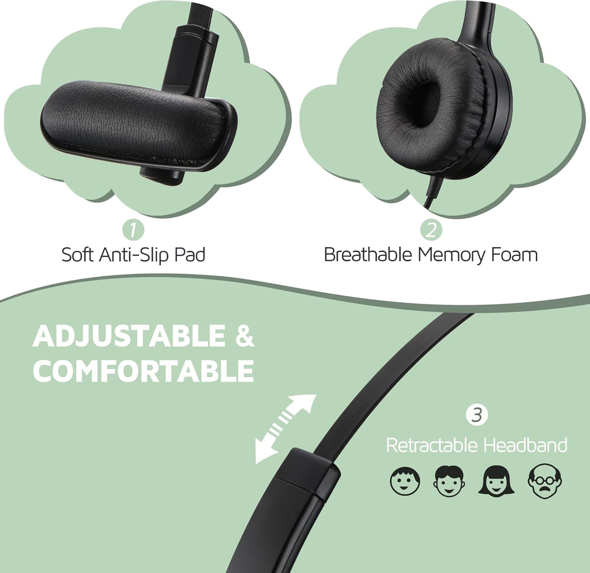 USB Headset with Microphone, Noise Cancelling Mic, On-Ear, Pack of 2 N163