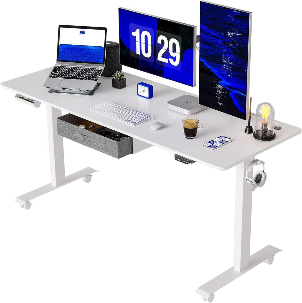 Adjustable Height Electric Standing Desk with Drawer, 55 x 24 Inches Black Steel Frame/Rustic Brown Tabletop X933012
