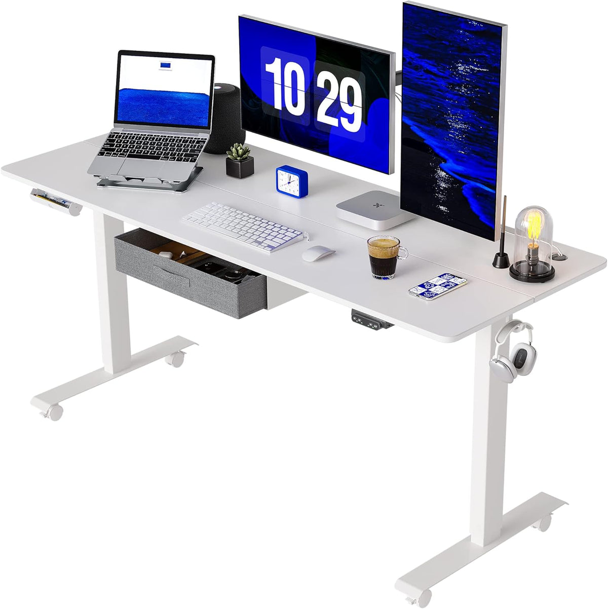 Adjustable Height Electric Standing Desk with Drawer, 55 x 24 Inches Black Steel Frame/Rustic Brown Tabletop X933012