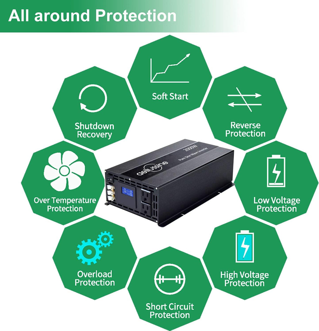3000w Pure Sine Wave Power Inverter 12v DC to AC 110v 120v with 2 US Socket Hardwire Terminal LCD Display T8979