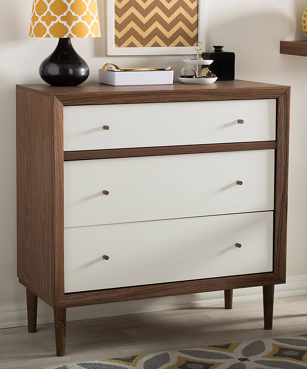 White and Walnut Wood 3-Drawer Chest K7886