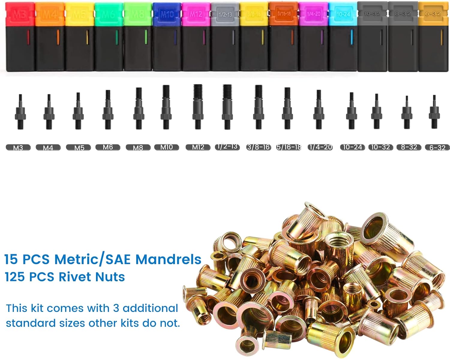 Rivet Nut Tool Kit with 15PCS Mandrels and Carrying Case D77538