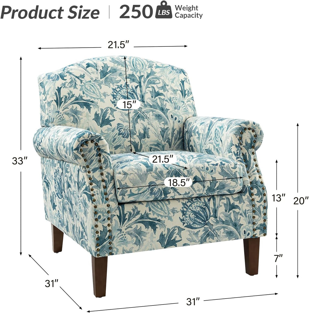 Accent Chair With Wood Legs & Removable Cushion, Floral Design Single Sofa I342