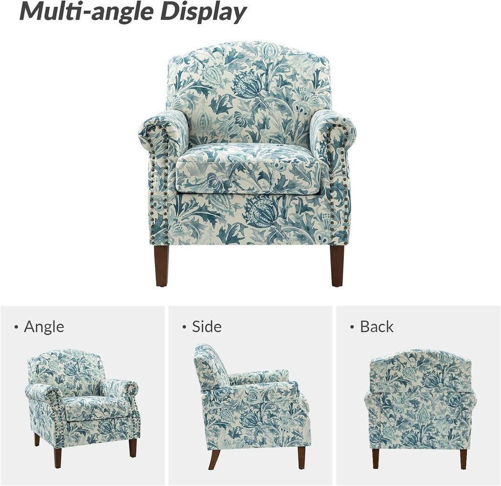 Accent Chair With Wood Legs & Removable Cushion, Floral Design Single Sofa I342