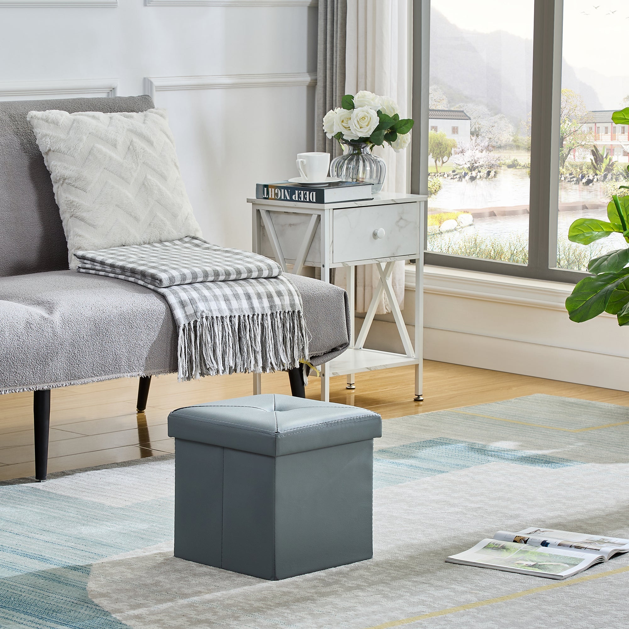 Gray Faux Leather Folding Storage Ottoman Bench, Set of 2 Q591