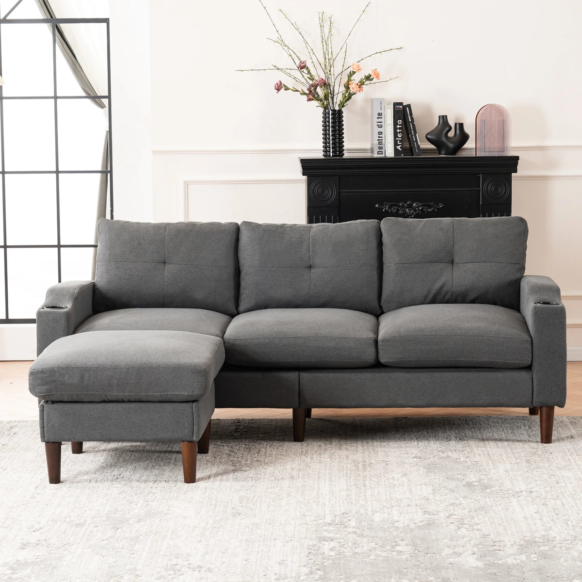 Convertible L-Shaped Combo Sofa with USB Port, Cup Holder, Storage Ottoman, Dark Gray X706813
