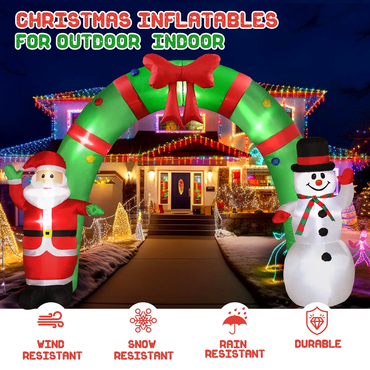 10FT Christmas Inflatable Archway Santa Claus and Snowman with LED Lights G724
