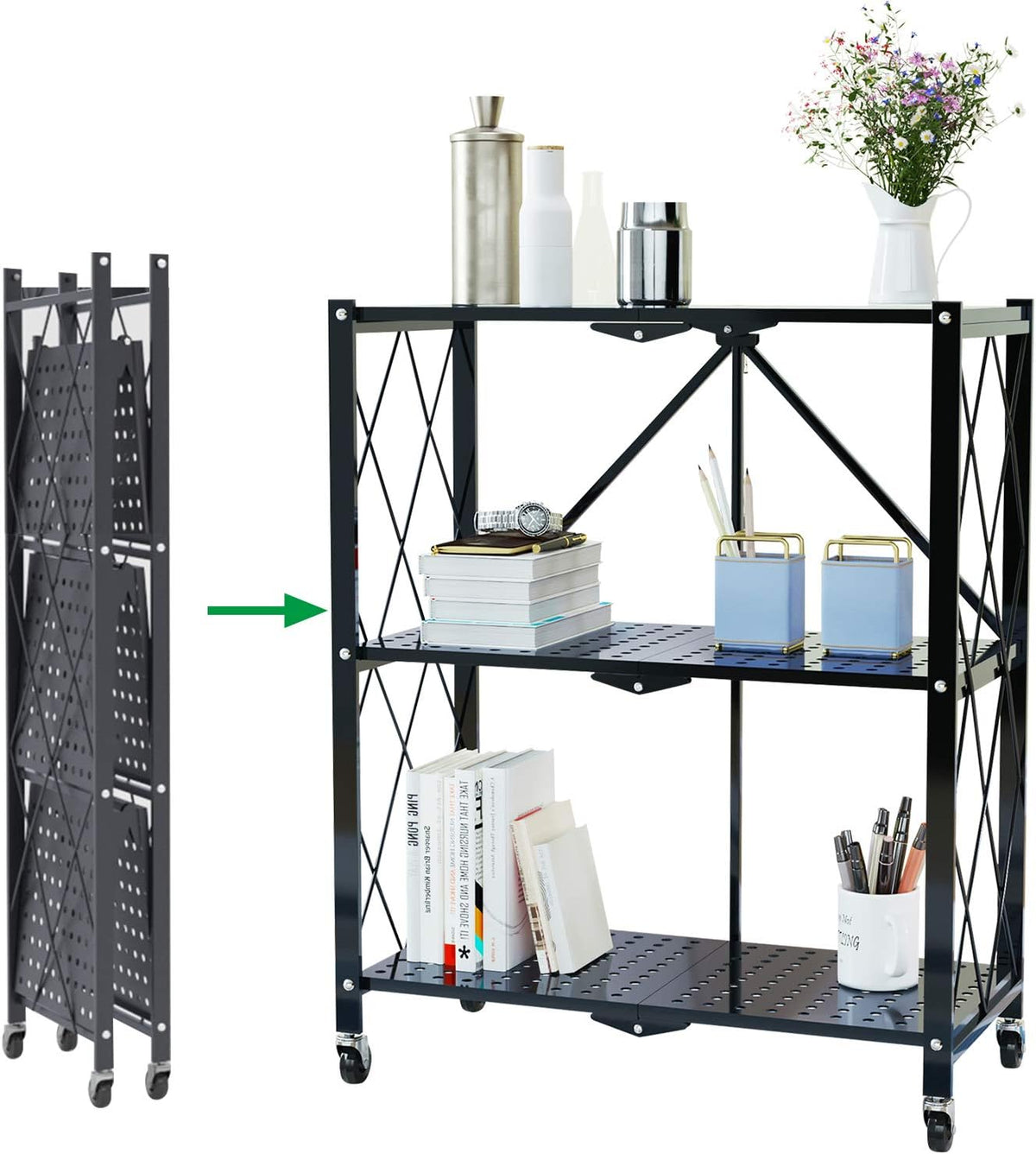 3-Tier Foldable Storage Shelves Black E269