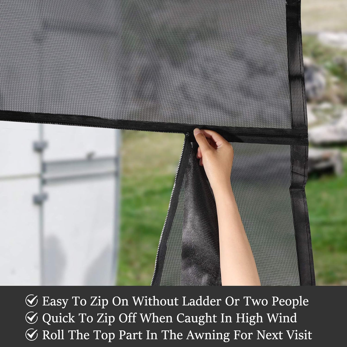 RV Awning Sun Shade Screen with Zipper 15' x 9' Black Mesh C435
