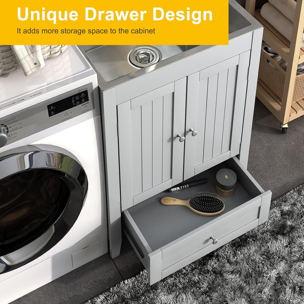 24-Inch Laundry Cabinet with Sink Grey Cabinet with Drawer Stainless Steel Sink Faucet Combo C73880