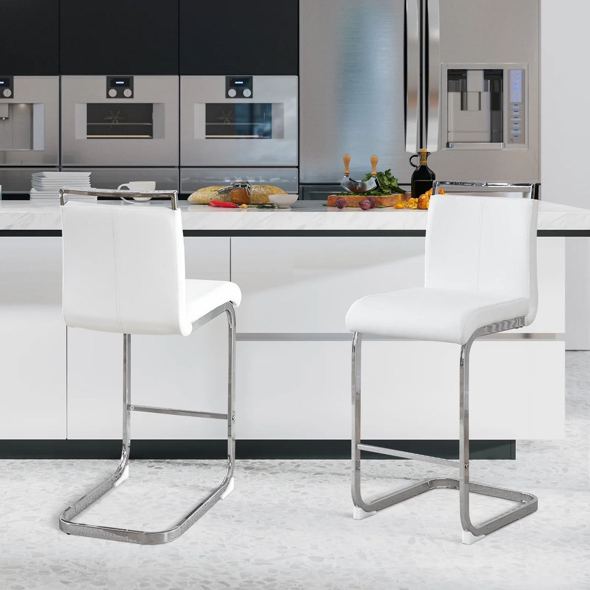 White Leather Counter Height Bar Stools Set of 2 I7621