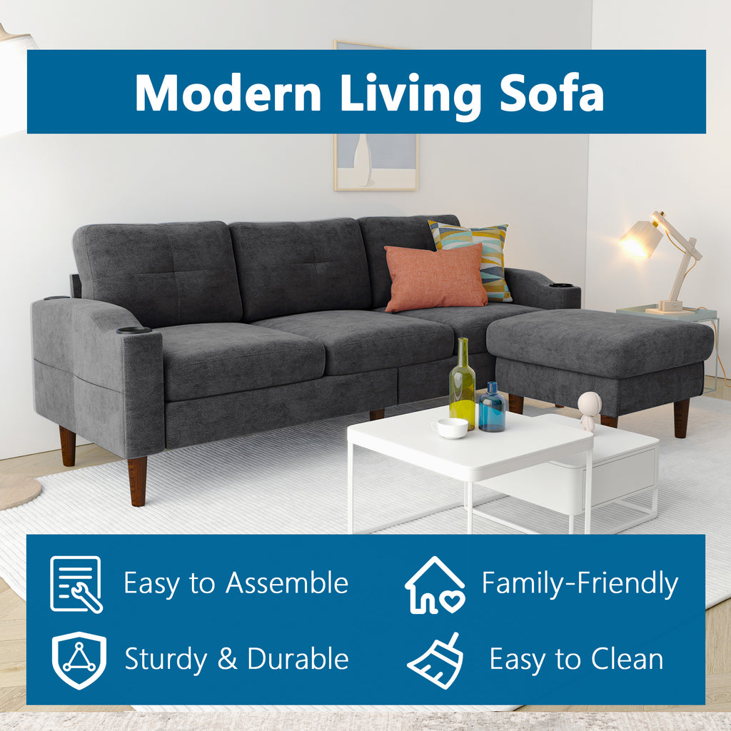 Convertible L-Shaped Combo Sofa with USB Port, Cup Holder, Storage Ottoman, Dark Gray X706813