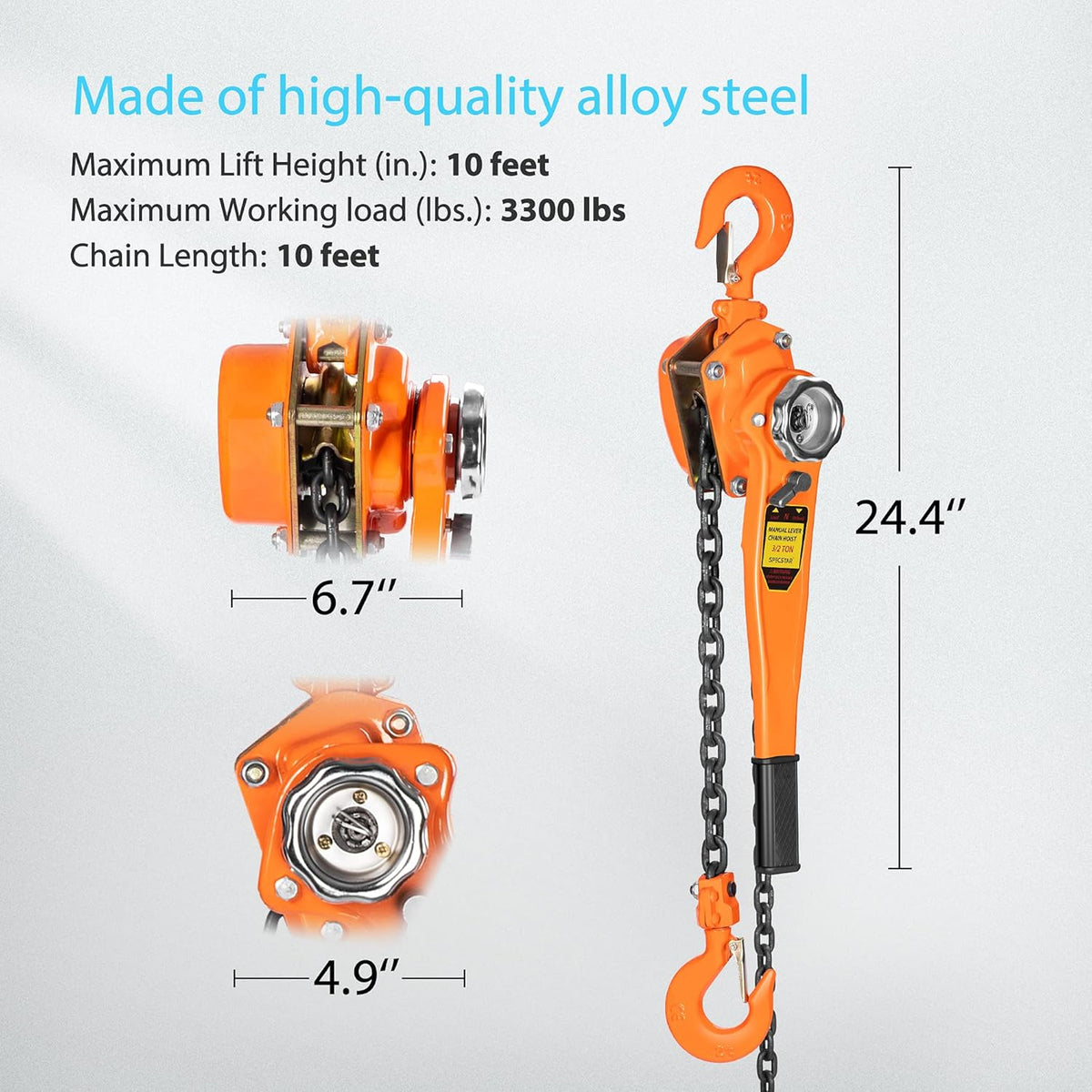 Lever Chain Hoist 1-1/2 Ton Capacity 10 Feet with 2 Hooks F7649