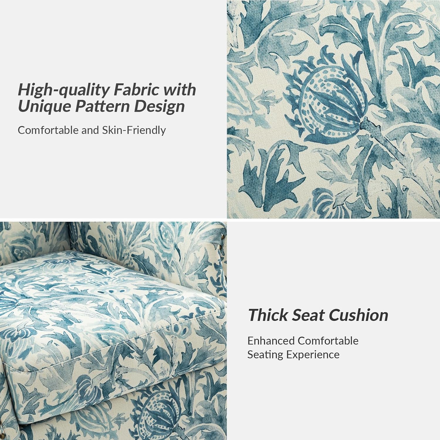 Accent Chair With Wood Legs & Removable Cushion, Floral Design Single Sofa I342
