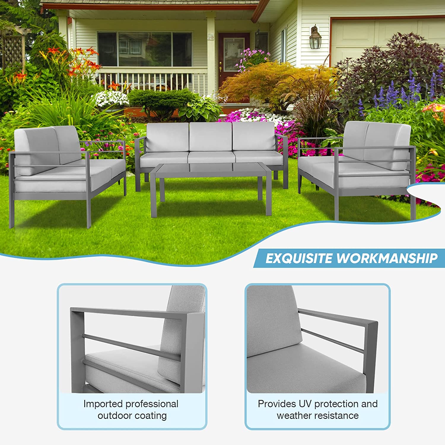 Metal Sectional Sofa with Cushions and Coffee Table（ 4 Pieces） T84819