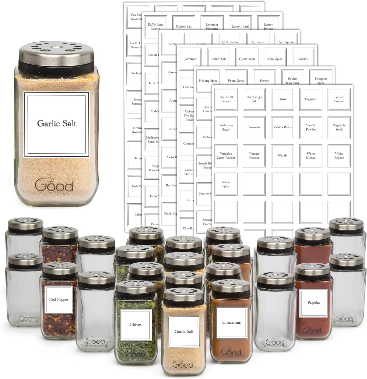Adjustable Glass Spice Jars Set of 24 with 240 Preprinted Labels D26327