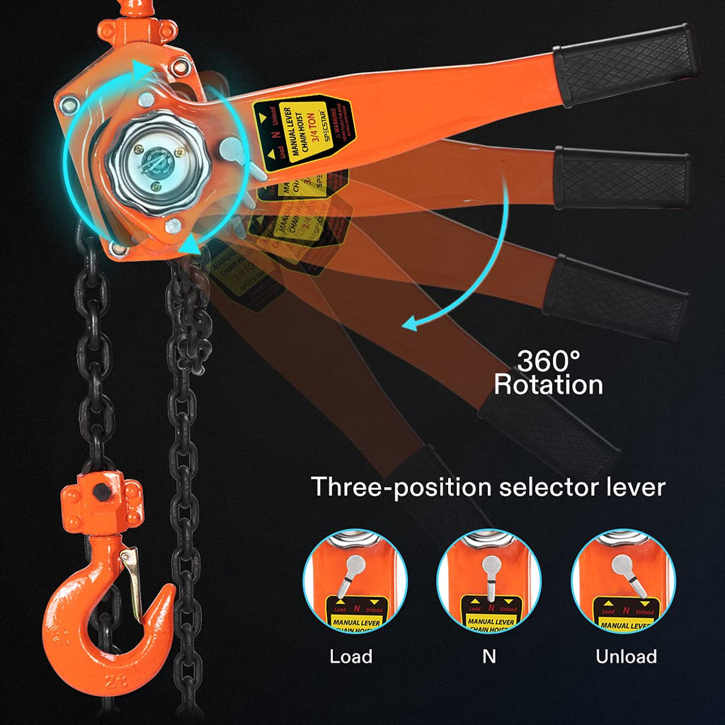 Lever Chain Hoist 1-1/2 Ton Capacity 10 Feet with 2 Hooks F7649