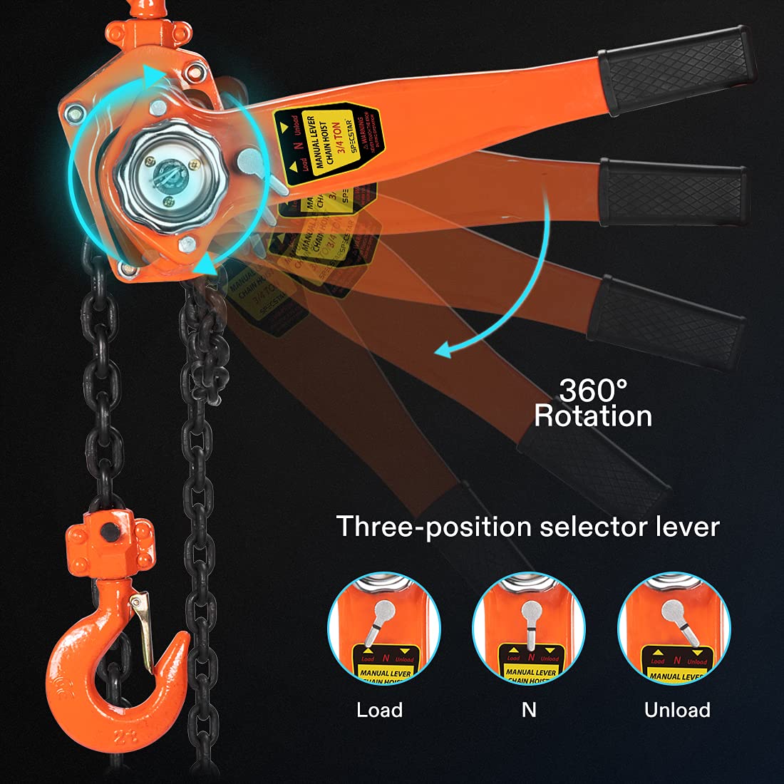 Lever Chain Hoist 1-1/2 Ton Capacity 10 Feet with 2 Hooks F7649