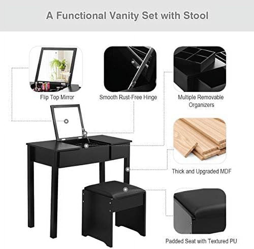 Black Vanity Set with Flip Top Mirror and Cushioned Stool Z708