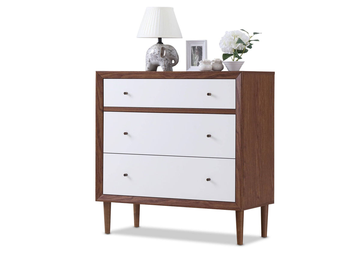 White and Walnut Wood 3-Drawer Chest K7886