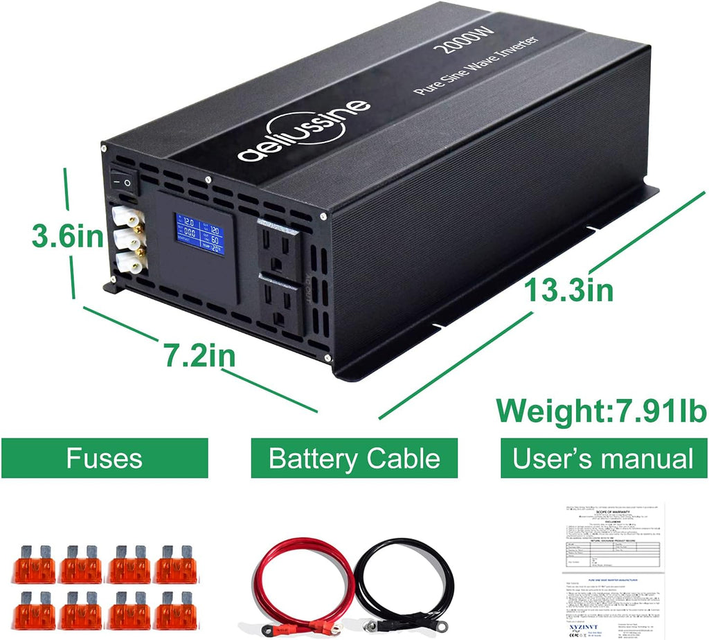 3000w Pure Sine Wave Power Inverter 12v DC to AC 110v 120v with 2 US Socket Hardwire Terminal LCD Display T8979