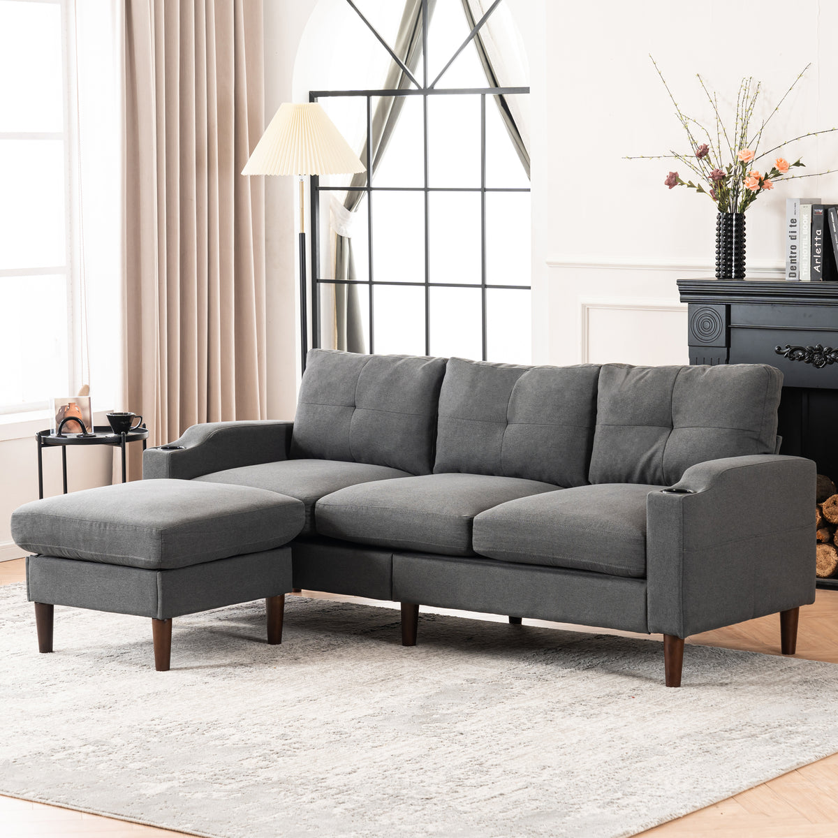 Convertible L-Shaped Combo Sofa with USB Port, Cup Holder, Storage Ottoman, Dark Gray X706813