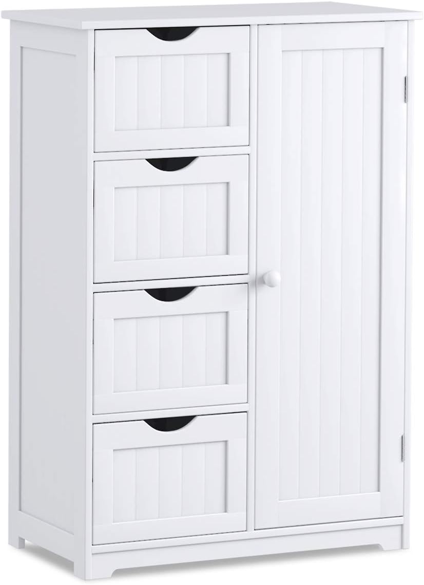 White 1 Door 4 Drawer Wooden Bathroom Floor Cabinet P85870