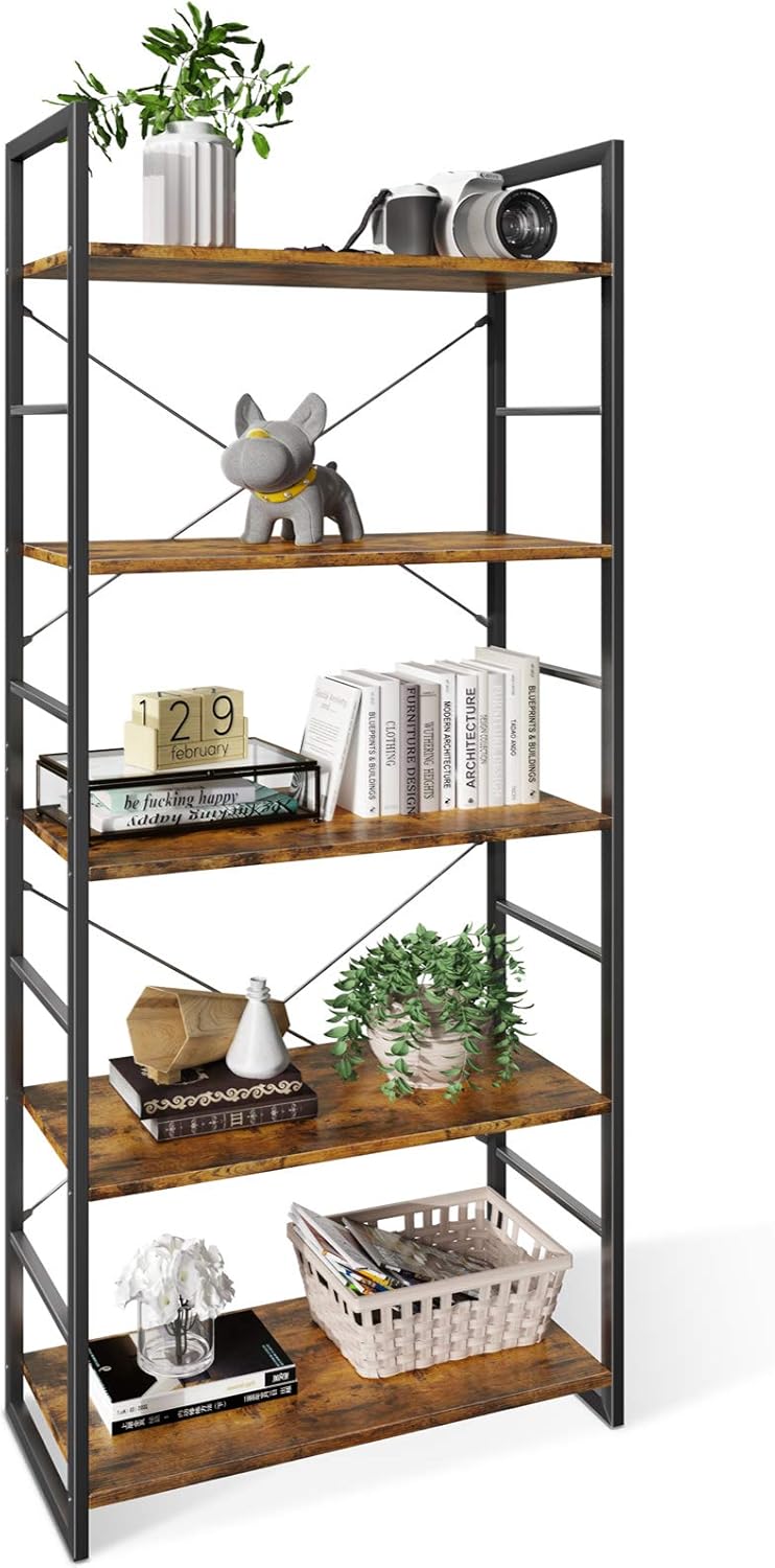 5 Tier Industrial Open Bookcase, Rustic Brown Y70146