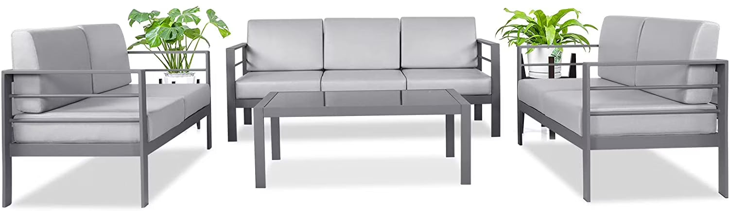 Metal Sectional Sofa with Cushions and Coffee Table（ 4 Pieces） T84819