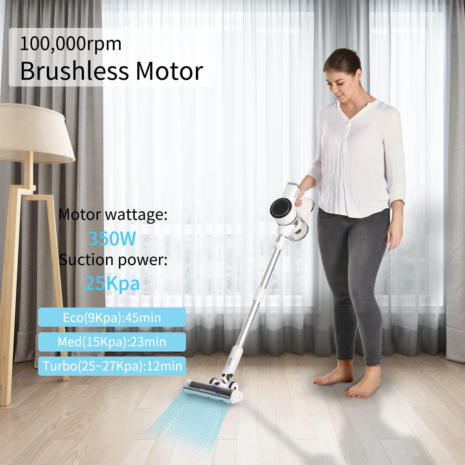 Cordless Stick Vacuum Cleaner with 350W Suction, 45min Runtime, 2500mAh Detachable Battery X889