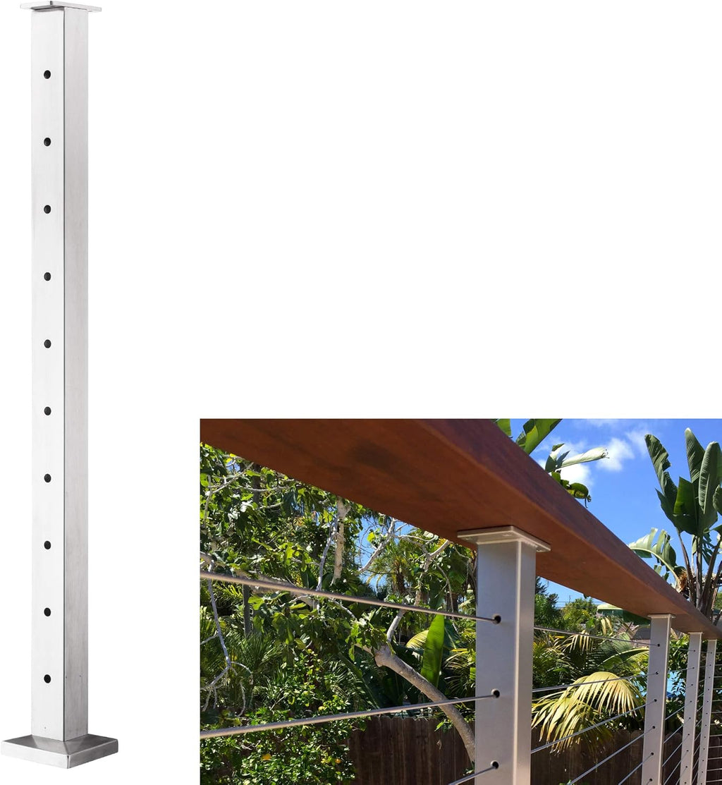Stainless Steel Square Cable Railing Post 36”x2”x2” Brushed Finish Corner Post V97383