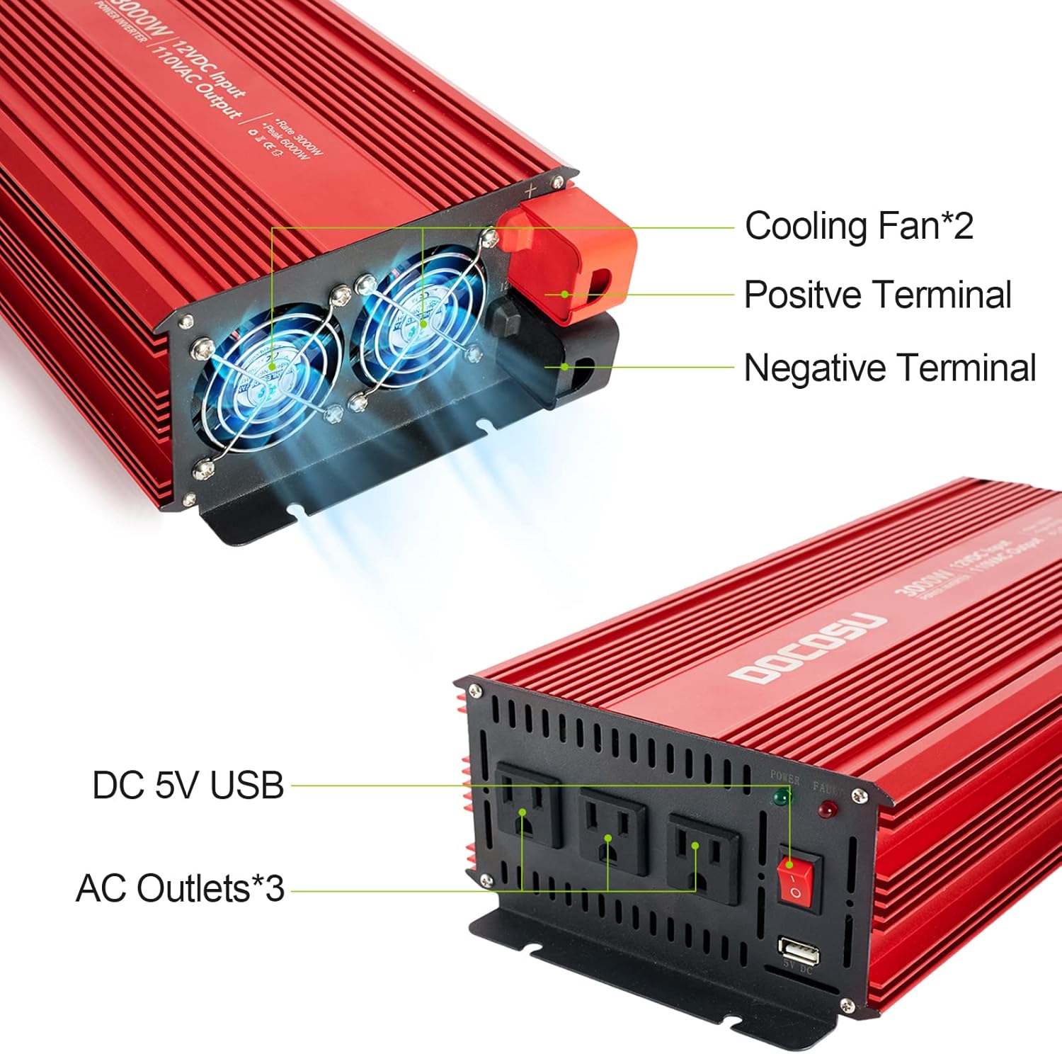 3000W Power Inverter with Dual AC Outlets & USB Port, DC12 to 24V, Modified Sine Wave G979751
