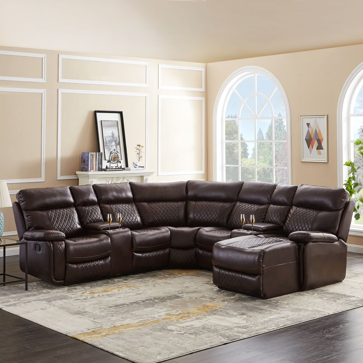 Faux Leather Reclining Sectional Sofa with Cup Holder & Storage L8797