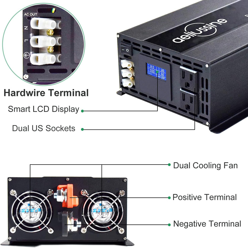3000w Pure Sine Wave Power Inverter 12v DC to AC 110v 120v with 2 US Socket Hardwire Terminal LCD Display T8979
