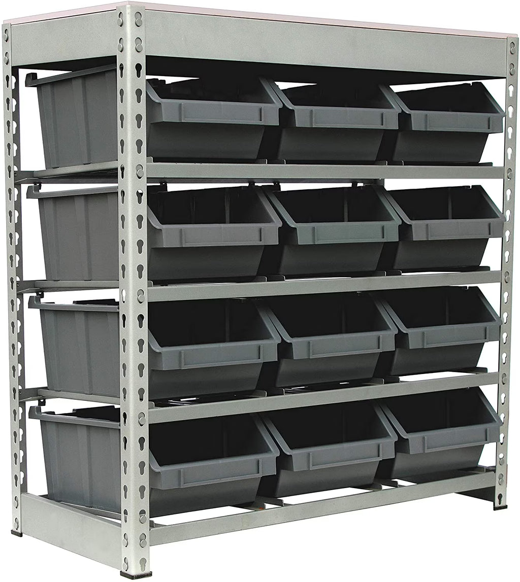 4-Tier Metal Organizer Shelving Rack with 12 Bins in Gray R335