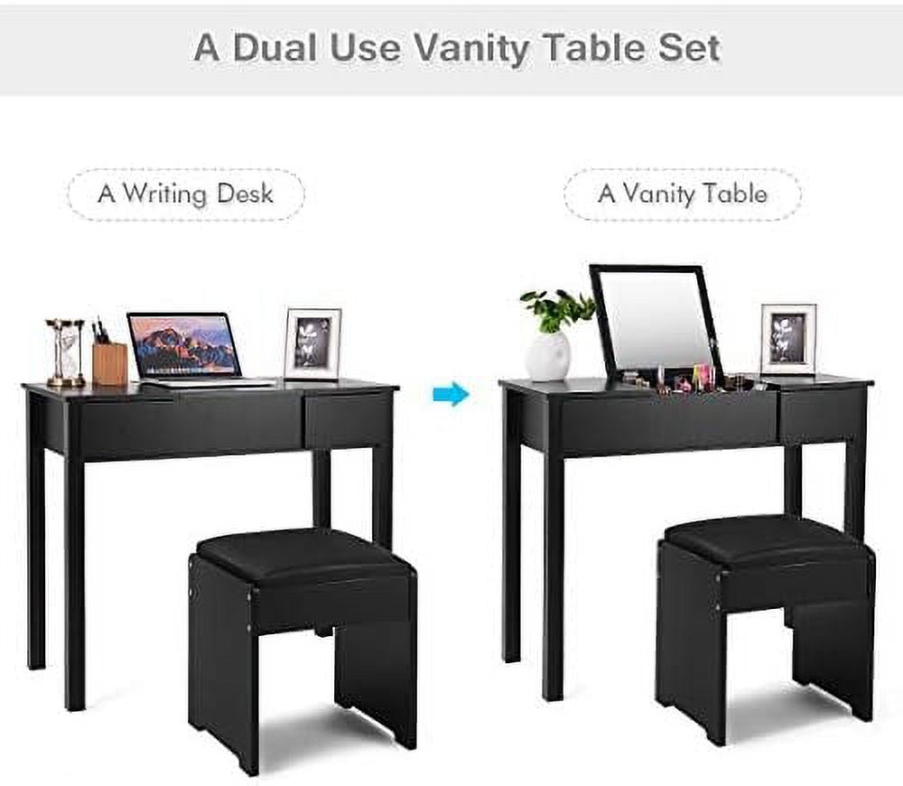 Black Vanity Set with Flip Top Mirror and Cushioned Stool Z708