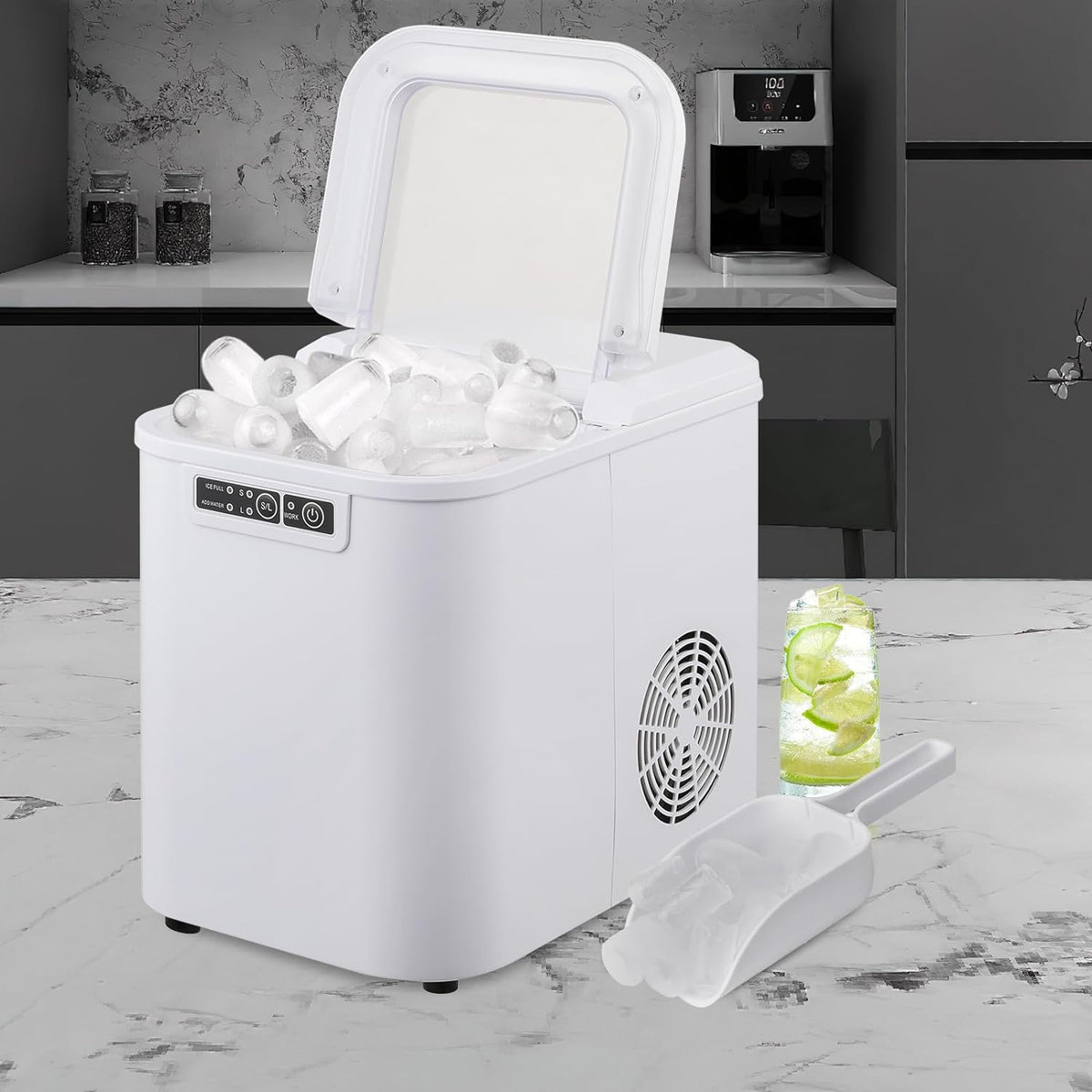 White Countertop Ice Maker Machine with Ice Scoop and Basket I13824