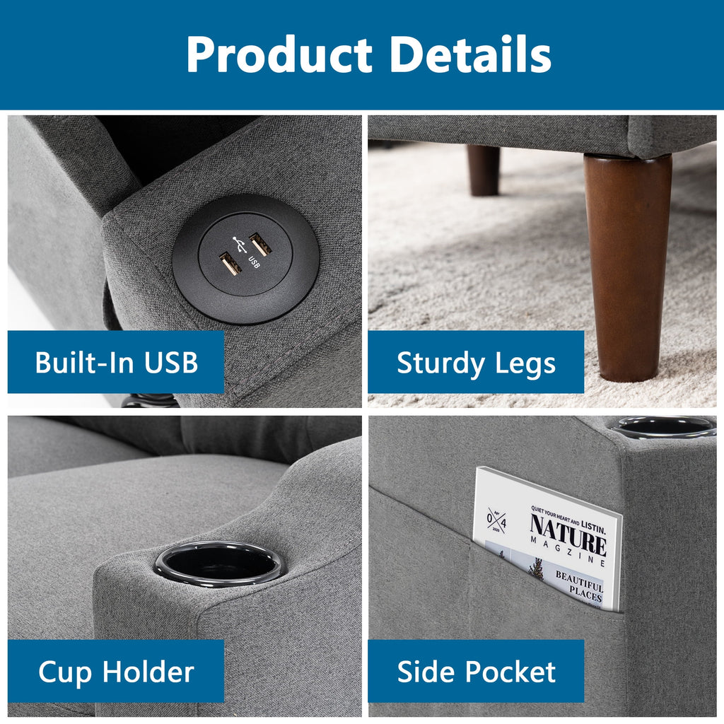 Convertible L-Shaped Combo Sofa with USB Port, Cup Holder, Storage Ottoman, Dark Gray X706813