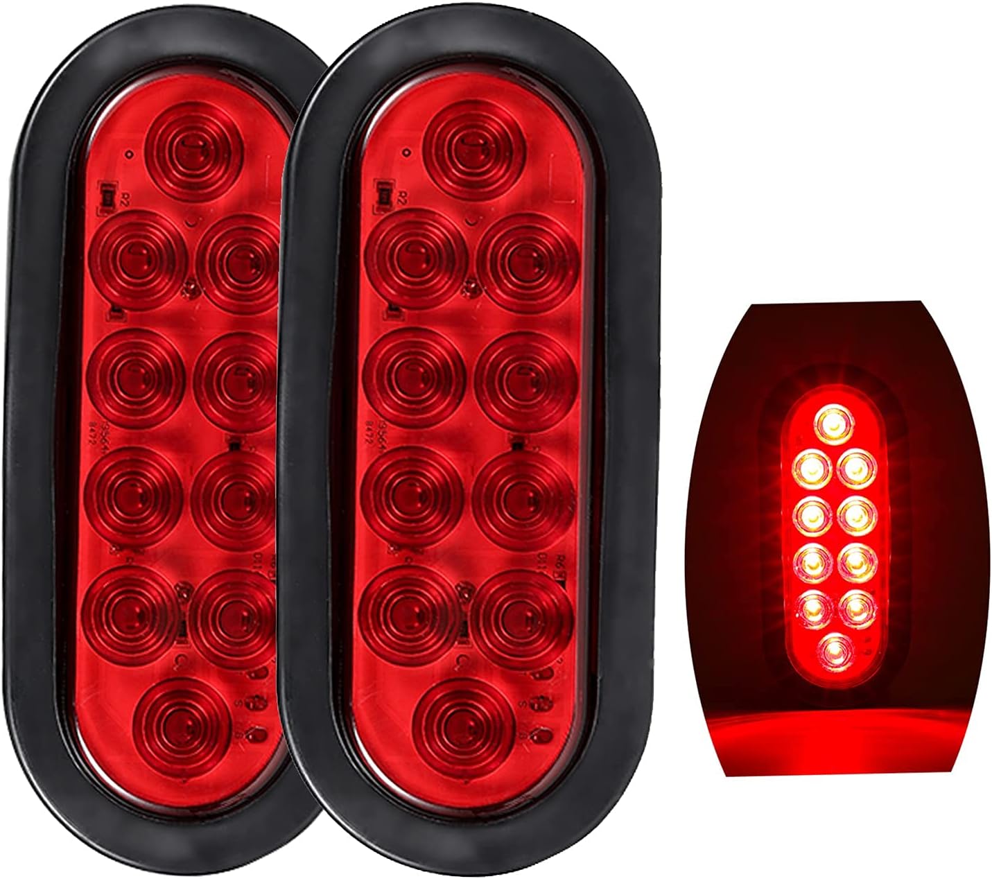 6Inch Oval Red Trailer Tail LED Lights and 2 Inch Round Red Side Marker Lights with Wire Connectors, Pack of 2 B929